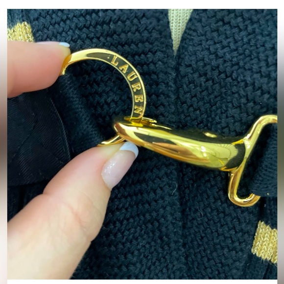 Lauren Ralph Lauren Black &Metallic Gold Striped Collared Latch Thick Knit Swtr - Picture 2 of 12